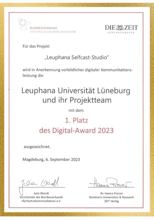Urkunde Leuphana Selfcast Studio