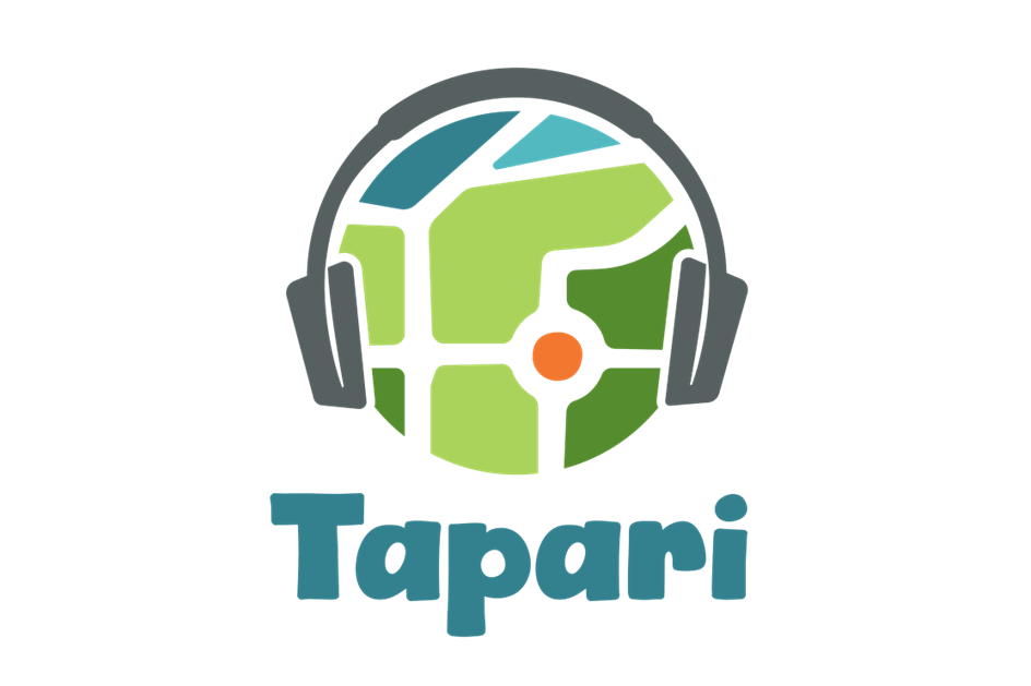 Logo der Firma Tapari: Eine Landkarte mit Kopfhörern